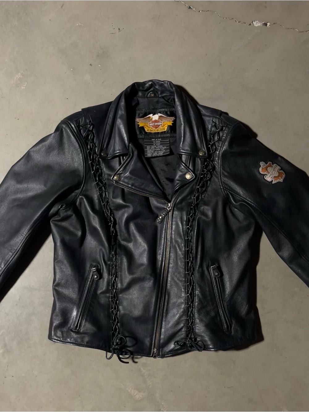 Harley-Davidson Black Leather Lace-Up Motorcycle Jacket with Sleeve Patch